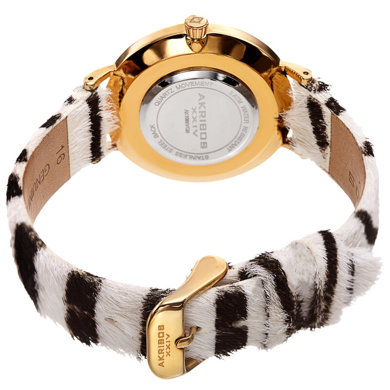 Akribos XXIV Ion Plated Gold Tone Case with White Dial and Zebra Pattern Cavallino Strap