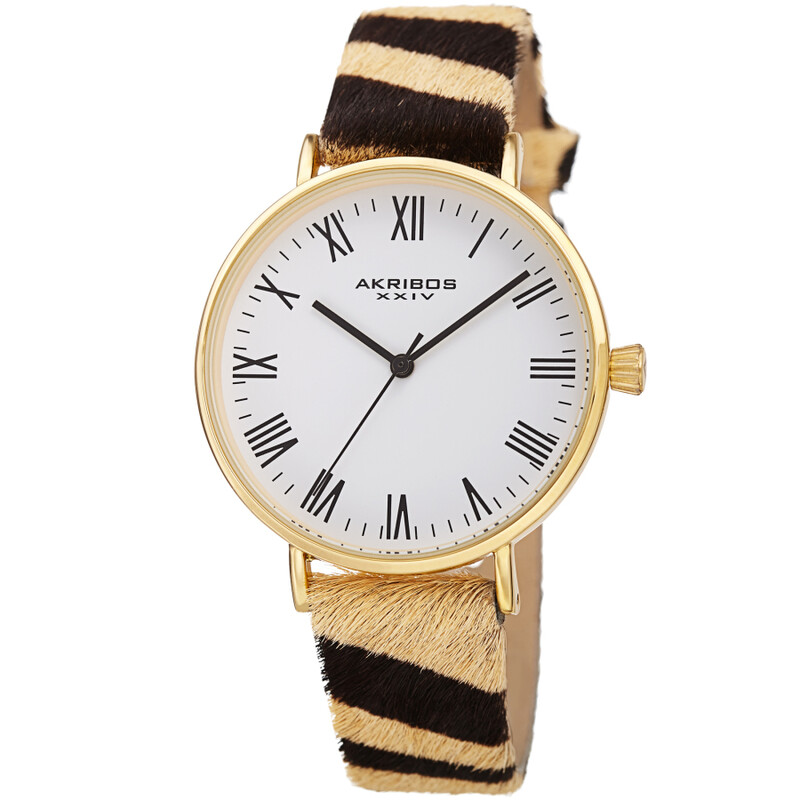 Akribos XXIV Ion Plated Gold Tone Case with White Dial and Tiger Pattern Cavallino Strap