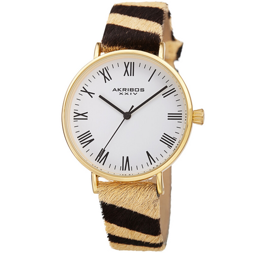 Akribos XXIV Ion Plated Gold Tone Case with White Dial and Tiger Pattern Cavallino Strap