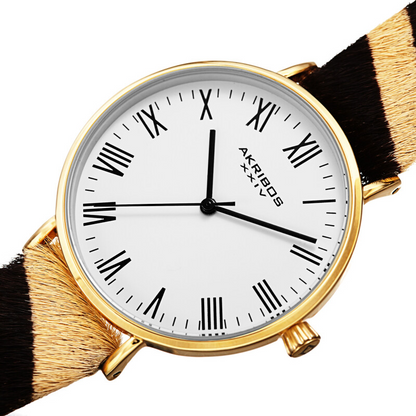 Akribos XXIV Ion Plated Gold Tone Case with White Dial and Tiger Pattern Cavallino Strap