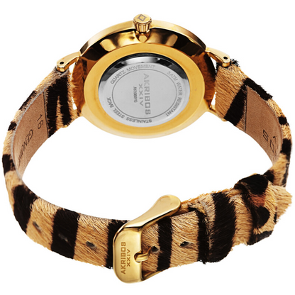 Akribos XXIV Ion Plated Gold Tone Case with White Dial and Tiger Pattern Cavallino Strap