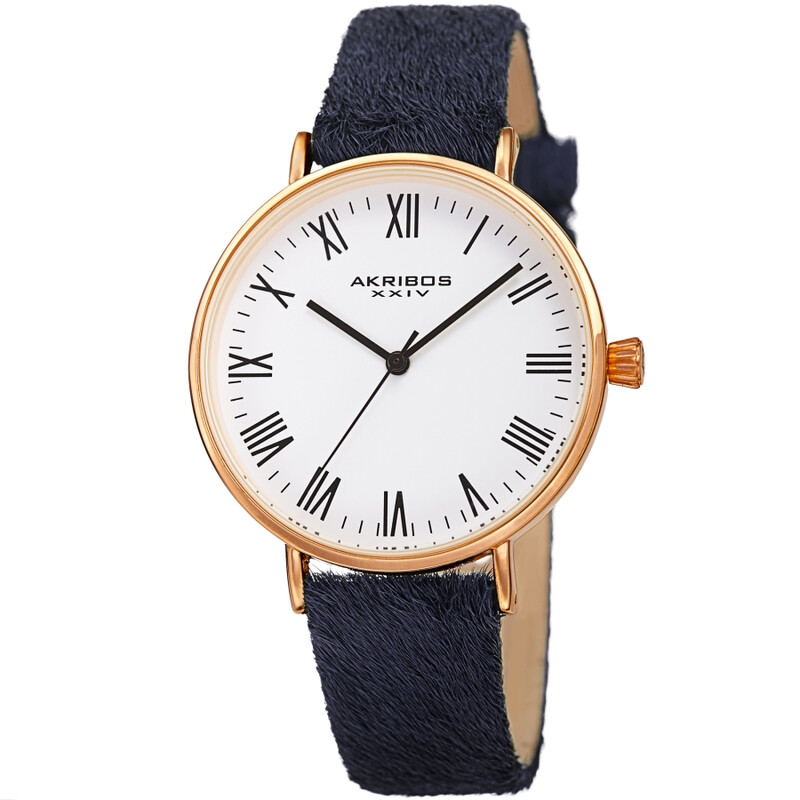 Akribos XXIV Ion Plated Rose Gold Tone Case with White Dial and Black Cavallino Strap