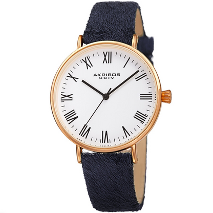 Akribos XXIV Ion Plated Rose Gold Tone Case with White Dial and Black Cavallino Strap