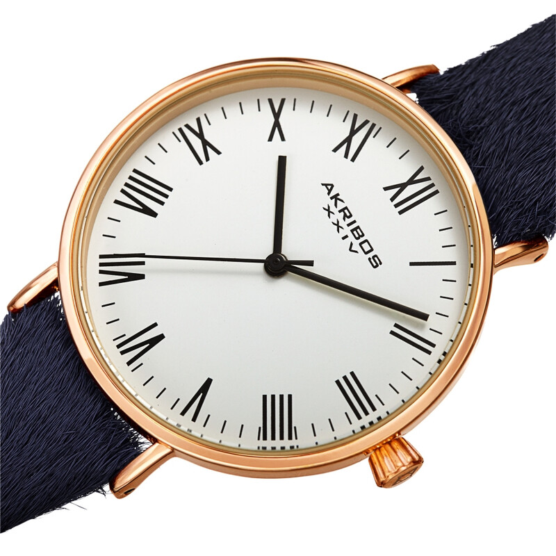 Akribos XXIV Ion Plated Rose Gold Tone Case with White Dial and Black Cavallino Strap
