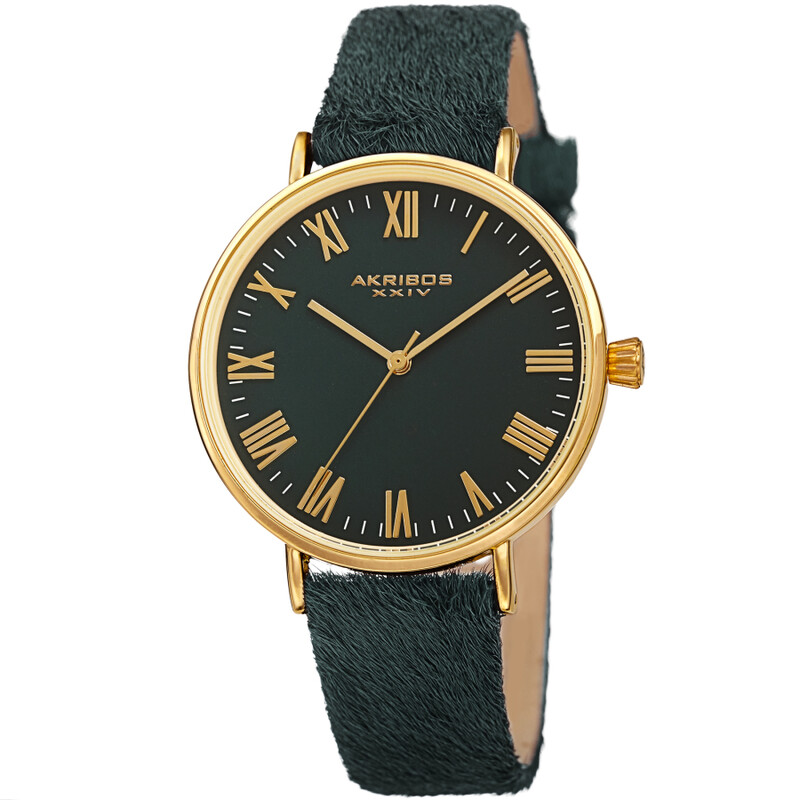 Akribos XXIV Ion Plated Gold Tone Case with Green Dial and Green Cavallino Strap