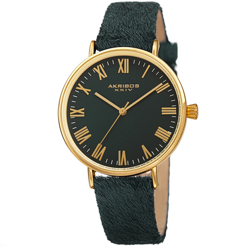 Akribos XXIV Ion Plated Gold Tone Case with Green Dial and Green Cavallino Strap