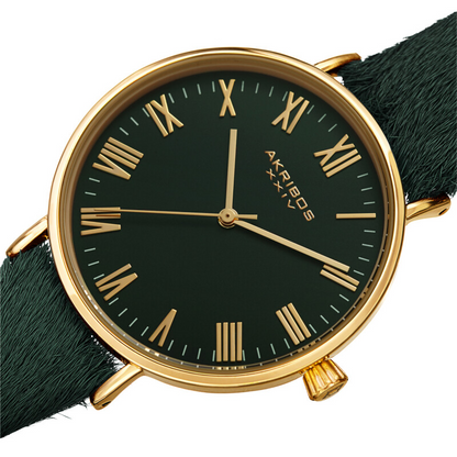 Akribos XXIV Ion Plated Gold Tone Case with Green Dial and Green Cavallino Strap