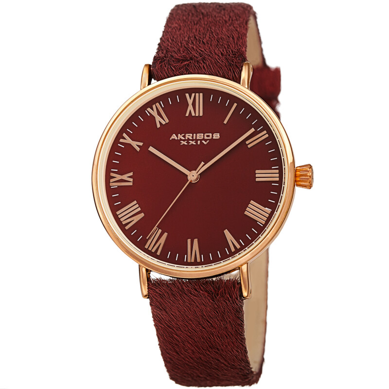 Akribos XXIV Ion Plated Rose Gold Tone Case with Burgundy Dial and Burgundy Cavallino Strap