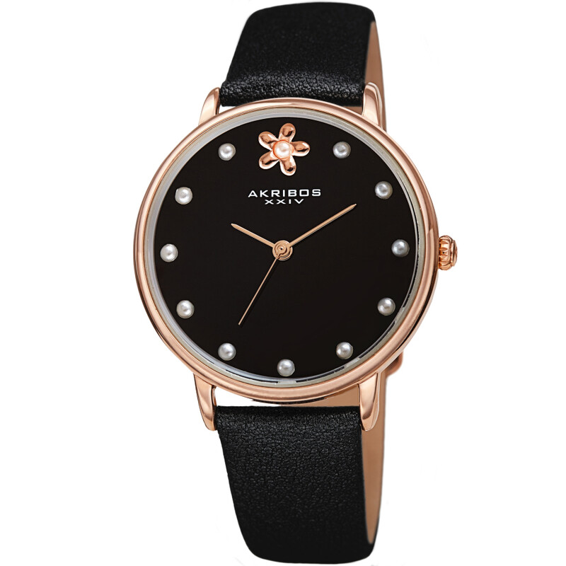 Akribos XXIV Ion Plated Rose Gold Tone Case with Black Pearlized Strap and Black Dial, with Faux Pearl Markers and Daisy