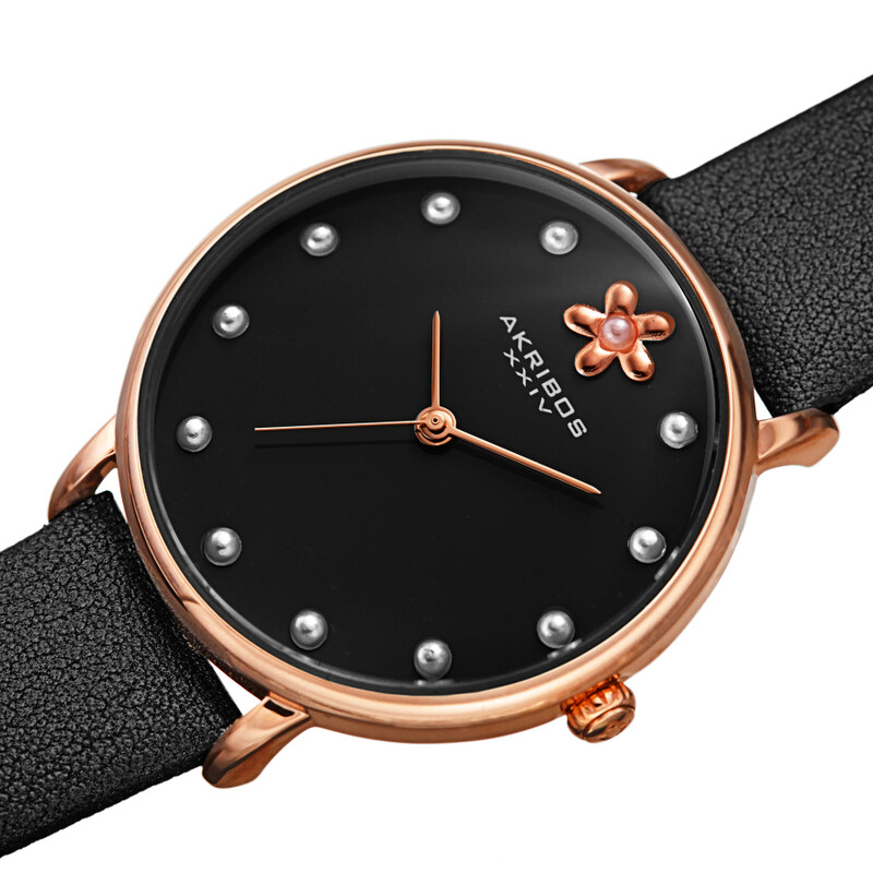 Akribos XXIV Ion Plated Rose Gold Tone Case with Black Pearlized Strap and Black Dial, with Faux Pearl Markers and Daisy