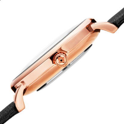 Akribos XXIV Ion Plated Rose Gold Tone Case with Black Pearlized Strap and Black Dial, with Faux Pearl Markers and Daisy