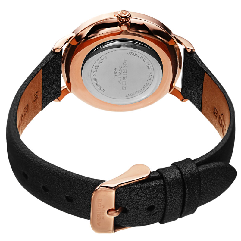 Akribos XXIV Ion Plated Rose Gold Tone Case with Black Pearlized Strap and Black Dial, with Faux Pearl Markers and Daisy