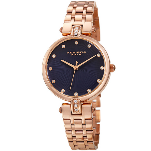 Akribos XXIV Ion Plated Rose Gold Tone Case, Blue Dial with Swarovski Crystal Markers, on a Rose Gold Tone Link Bracelet