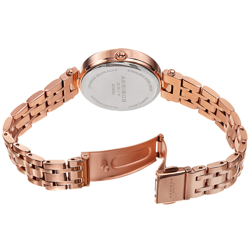 Akribos XXIV Ion Plated Rose Gold Tone Case, Blue Dial with Swarovski Crystal Markers, on a Rose Gold Tone Link Bracelet
