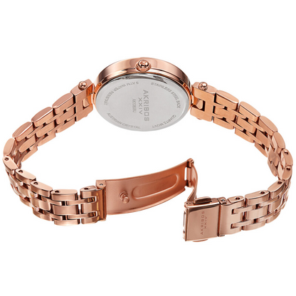 Akribos XXIV Ion Plated Rose Gold Tone Case, Blue Dial with Swarovski Crystal Markers, on a Rose Gold Tone Link Bracelet