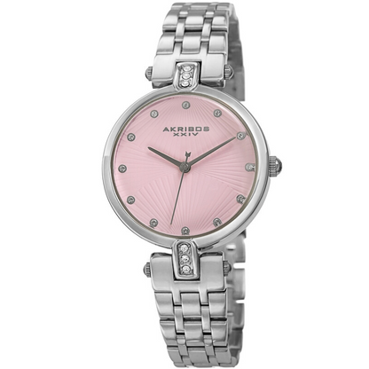 Akribos XXIV Ion Plated Silver Tone Case, Pink Dial with Swarovski Crystal Markers, on a Silver Tone Link Bracelet