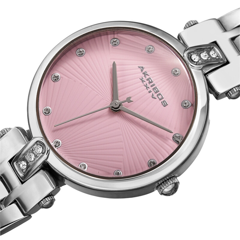 Akribos XXIV Ion Plated Silver Tone Case, Pink Dial with Swarovski Crystal Markers, on a Silver Tone Link Bracelet