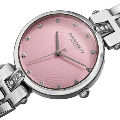 Akribos XXIV Ion Plated Silver Tone Case, Pink Dial with Swarovski Crystal Markers, on a Silver Tone Link Bracelet