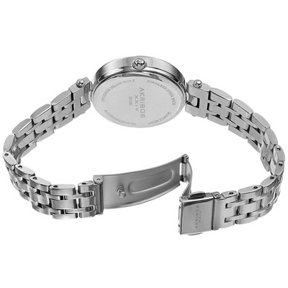 Akribos XXIV Ion Plated Silver Tone Case, Pink Dial with Swarovski Crystal Markers, on a Silver Tone Link Bracelet
