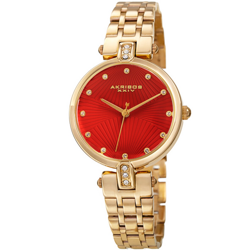 Akribos XXIV Ion Plated Gold Tone Case, Red Dial with Swarovski Crystal Markers, on a Gold Tone Link Bracelet