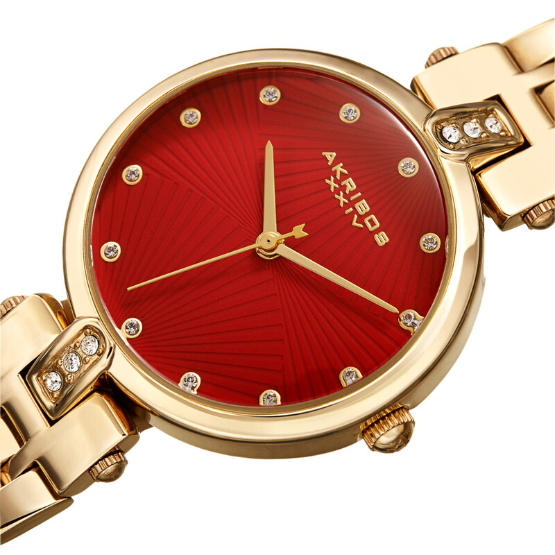 Akribos XXIV Ion Plated Gold Tone Case, Red Dial with Swarovski Crystal Markers, on a Gold Tone Link Bracelet