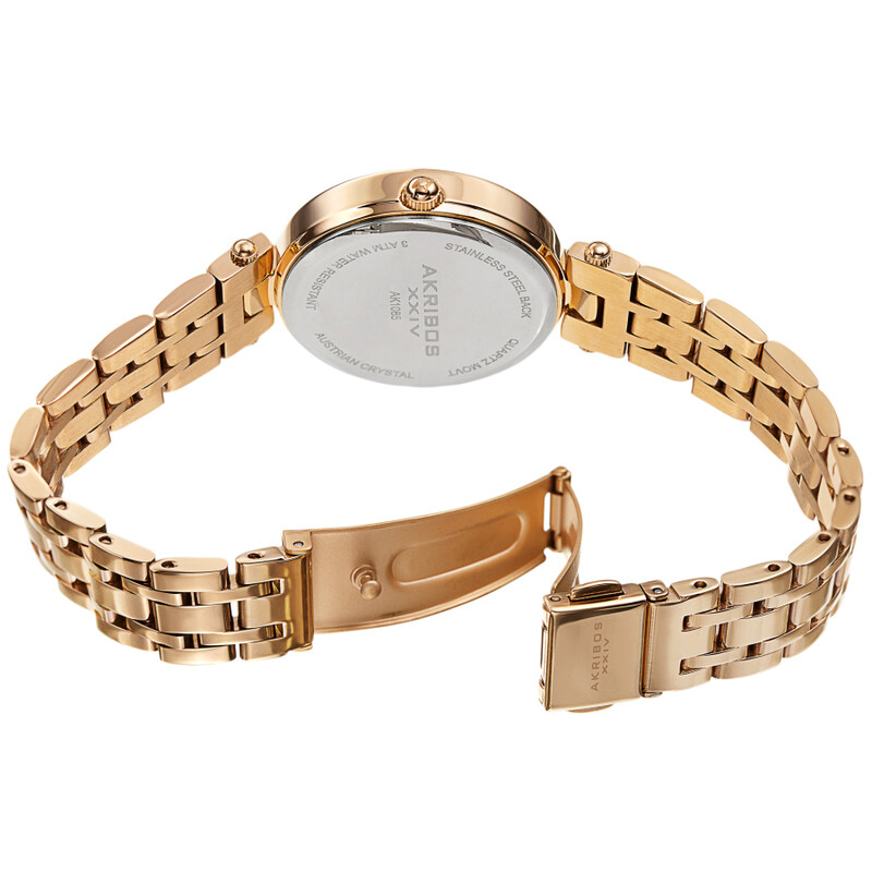 Akribos XXIV Ion Plated Gold Tone Case, Red Dial with Swarovski Crystal Markers, on a Gold Tone Link Bracelet