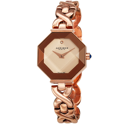Akribos XXIV Ion Plated Rose Gold Tone Octagon Case with Faceted Crystal, Rose Gold Dial with Diamond, on a Rose Gold Tone Bracelet with Fine Jewelry Chain
