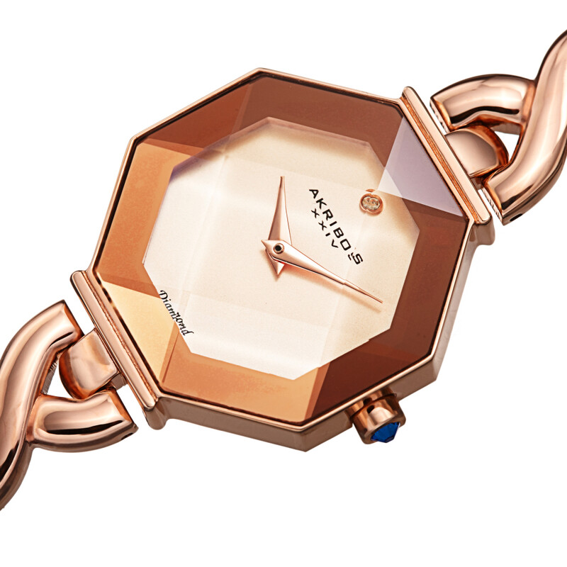 Akribos XXIV Ion Plated Rose Gold Tone Octagon Case with Faceted Crystal, Rose Gold Dial with Diamond, on a Rose Gold Tone Bracelet with Fine Jewelry Chain