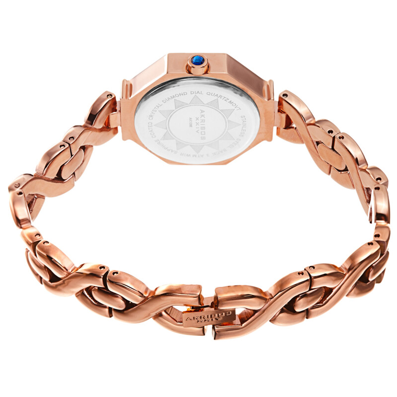 Akribos XXIV Ion Plated Rose Gold Tone Octagon Case with Faceted Crystal, Rose Gold Dial with Diamond, on a Rose Gold Tone Bracelet with Fine Jewelry Chain