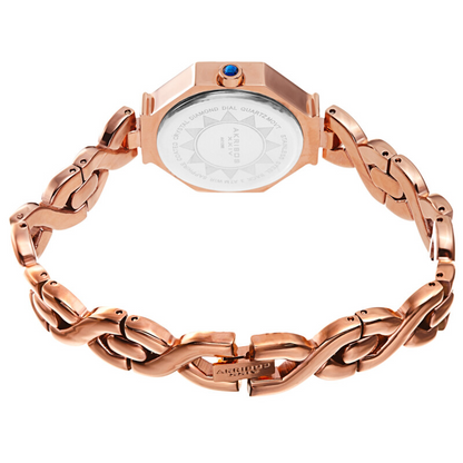Akribos XXIV Ion Plated Rose Gold Tone Octagon Case with Faceted Crystal, Rose Gold Dial with Diamond, on a Rose Gold Tone Bracelet with Fine Jewelry Chain
