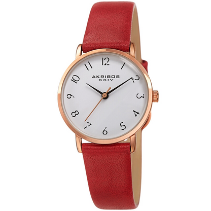 Akribos XXIV Ion Plated Rose Gold Tone Petite Case with Domed Crystal, a White Dial and Red Leather Strap
