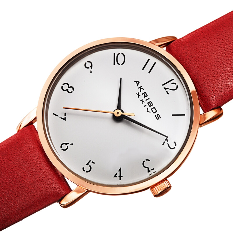 Akribos XXIV Ion Plated Rose Gold Tone Petite Case with Domed Crystal, a White Dial and Red Leather Strap
