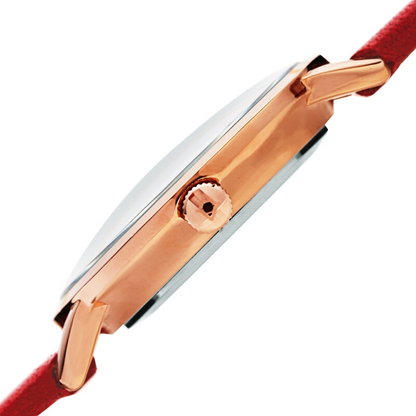 Akribos XXIV Ion Plated Rose Gold Tone Petite Case with Domed Crystal, a White Dial and Red Leather Strap