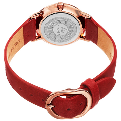 Akribos XXIV Ion Plated Rose Gold Tone Petite Case with Domed Crystal, a White Dial and Red Leather Strap