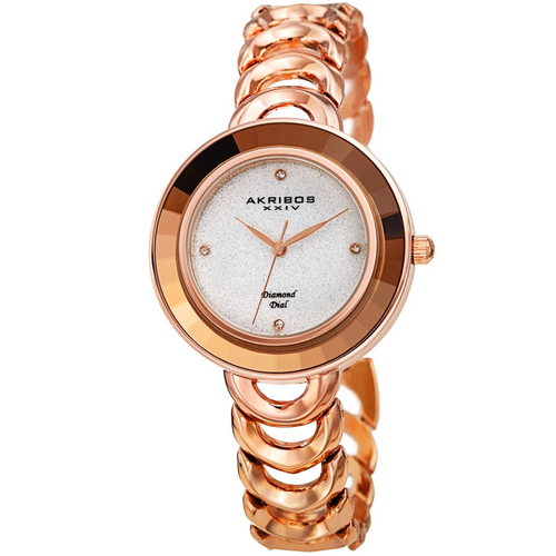 Akribos XXIV Ion Plated Rose Gold Tone Watch with Faceted Crystal on the Case, Silver Glitter Dial and Diamond Markers