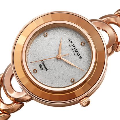 Akribos XXIV Ion Plated Rose Gold Tone Watch with Faceted Crystal on the Case, Silver Glitter Dial and Diamond Markers