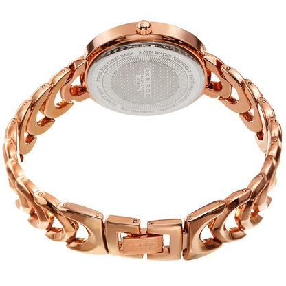 Akribos XXIV Ion Plated Rose Gold Tone Watch with Faceted Crystal on the Case, Silver Glitter Dial and Diamond Markers