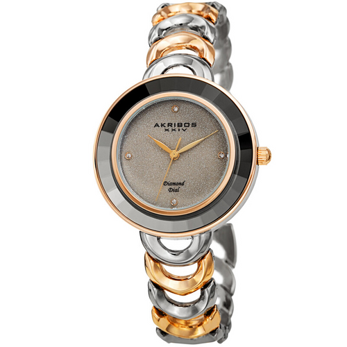 Akribos XXIV Ion Plated Two Tone Silver and Gold Watch with Grey Faceted Crystal on the Case, Silver Glitter Dial and Diamond Markers