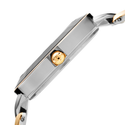 Akribos XXIV Ion Plated Two Tone Silver and Gold Watch with Grey Faceted Crystal on the Case, Silver Glitter Dial and Diamond Markers