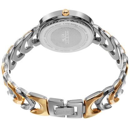 Akribos XXIV Ion Plated Two Tone Silver and Gold Watch with Grey Faceted Crystal on the Case, Silver Glitter Dial and Diamond Markers