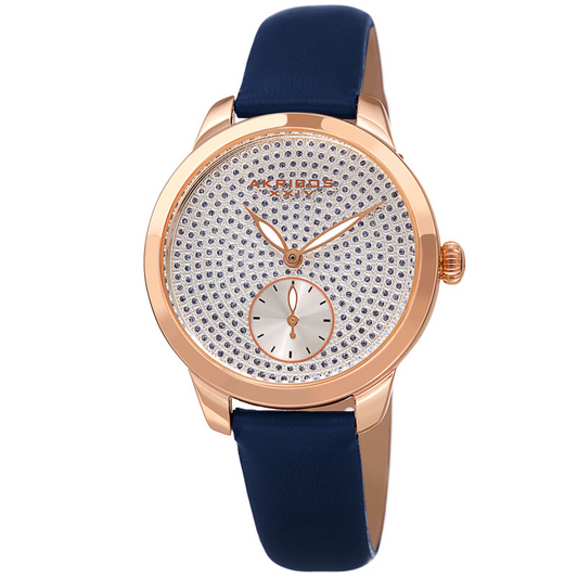 Akribos XXIV Ion Plated Rose Gold Tone Case, Blue Glitter Dots on the Dial, Blue Strap