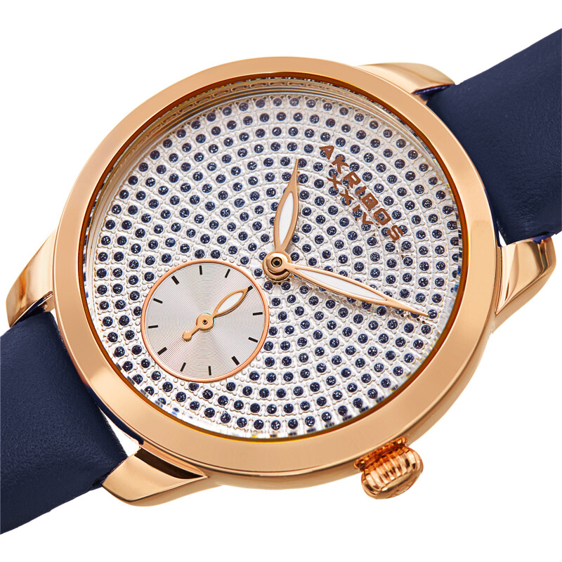 Akribos XXIV Ion Plated Rose Gold Tone Case, Blue Glitter Dots on the Dial, Blue Strap