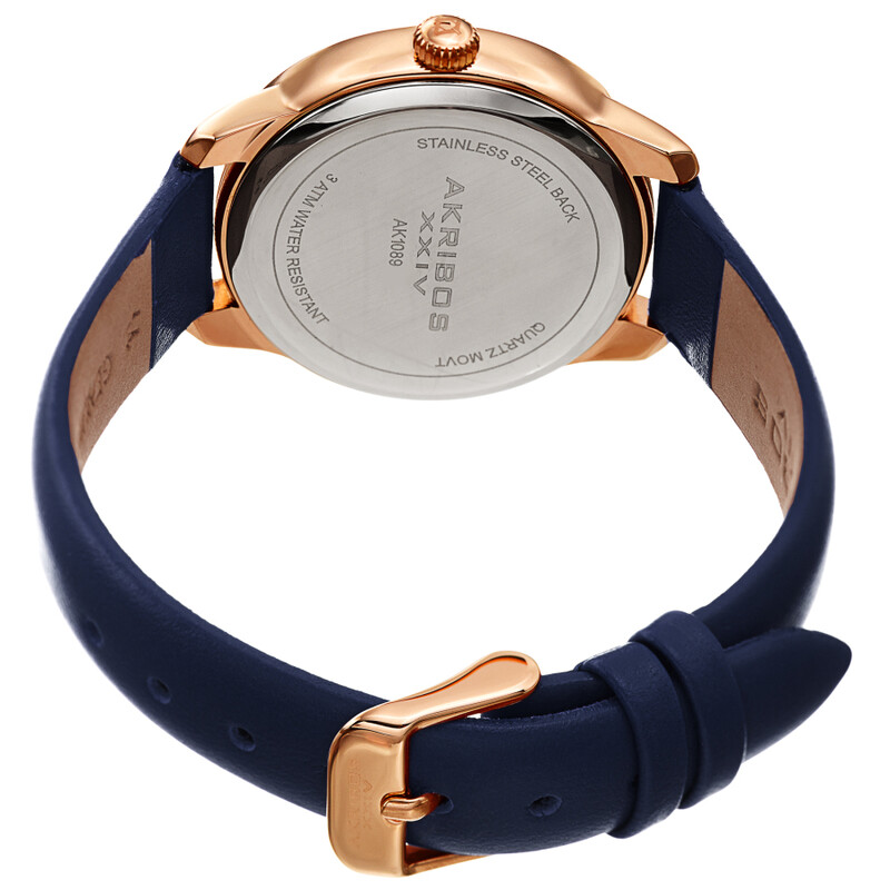 Akribos XXIV Ion Plated Rose Gold Tone Case, Blue Glitter Dots on the Dial, Blue Strap