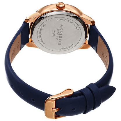 Akribos XXIV Ion Plated Rose Gold Tone Case, Blue Glitter Dots on the Dial, Blue Strap