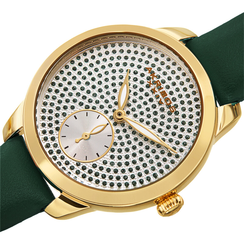Akribos XXIV Ion Plated Gold Tone Case, Green Glitter Dots on the Dial, Green Strap