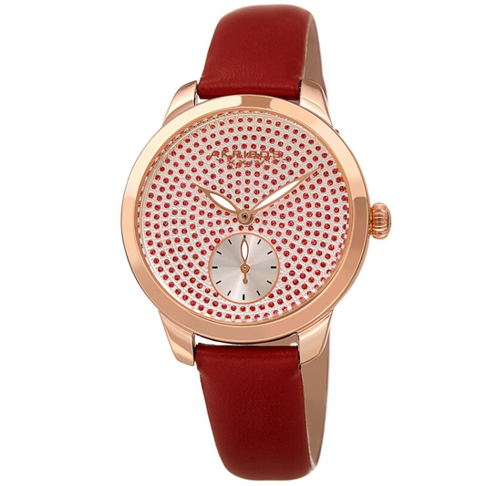 Akribos XXIV Ion Plated Rose Gold Tone Case, Red Glitter Dots on the Dial, Red Strap