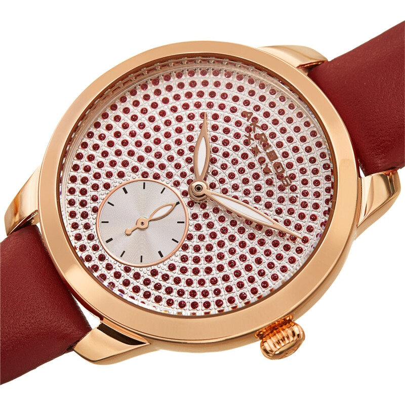Akribos XXIV Ion Plated Rose Gold Tone Case, Red Glitter Dots on the Dial, Red Strap