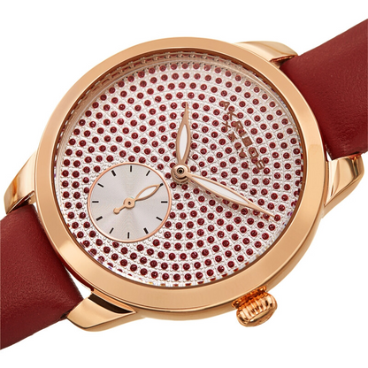 Akribos XXIV Ion Plated Rose Gold Tone Case, Red Glitter Dots on the Dial, Red Strap