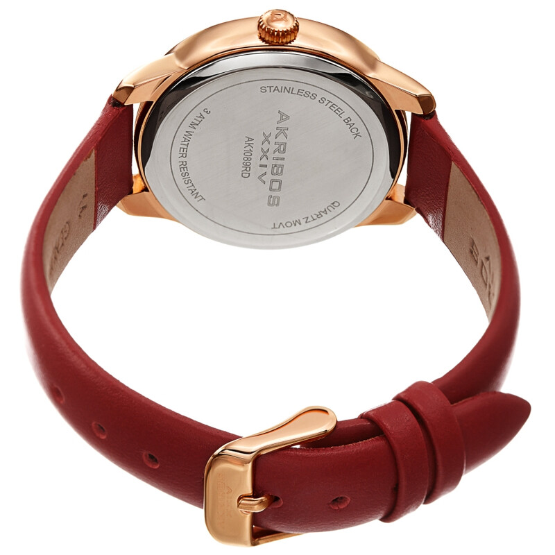 Akribos XXIV Ion Plated Rose Gold Tone Case, Red Glitter Dots on the Dial, Red Strap