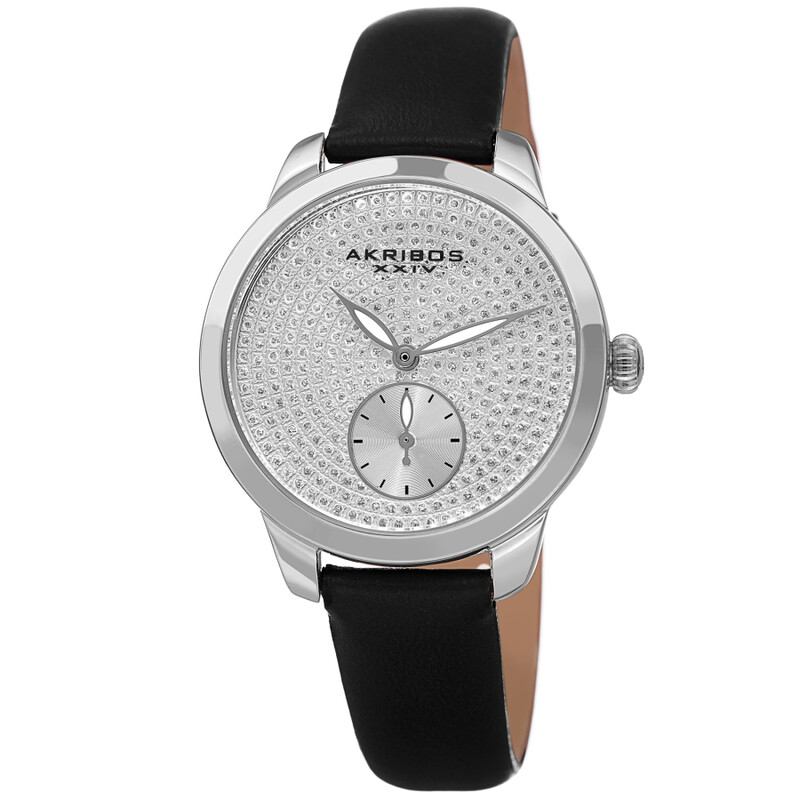 Akribos XXIV Ion Plated Silver Tone Case, Silver Glitter Dots on the Dial, Black Strap